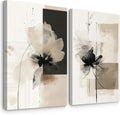 Modern Abstract Floral Wall Art Minimalist Neutral Canvas Painting Decor Beige Cream And Black Wall Art Contemporary Flower Picture Prints for Living Room Bedroom 16x24 Inch Wrapped Canvas Set of 2