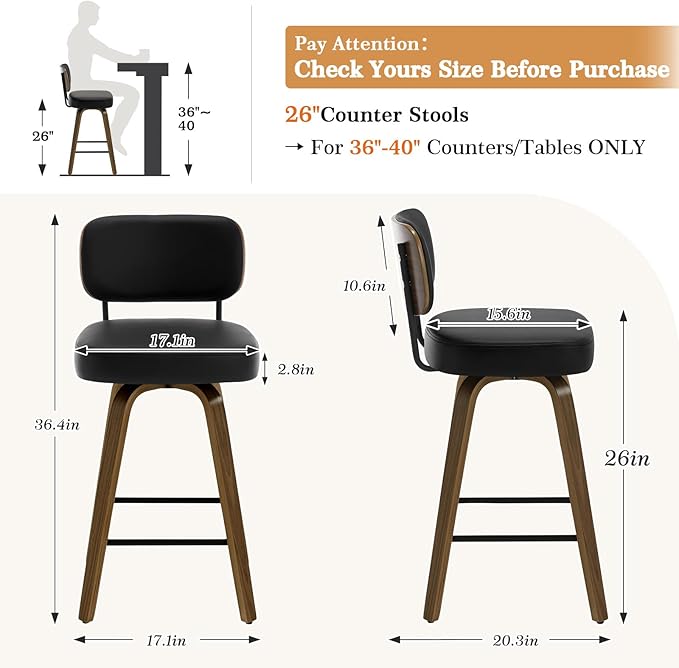 Bekrvio Swivel Counter Height Bar Stools Set of 4, 26" Upholstered Faux Leather Barstools with Back and Bent Wood Legs, Mid Century Modern Bar Chair Island Stool for Kitchen Counter, Black