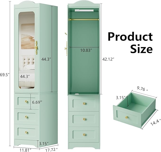 Armoire Wardrobe Closet, 69.5" H Wood Bedroom Armoires Cabinet with Mirror Door and 3 Drawers, Green Clothing Storage Cabinet with Hanging Rod & Sensor Light for Bedroom-Right