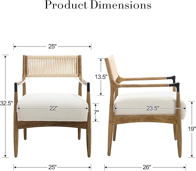 Ya-Home Mid-Century Modern Accent Chairs with Woven Rope Back, Upholstered Linen Fabric Armchairs with Solid Wood Frame for Living Room Bedroom, 2PCS, Beige