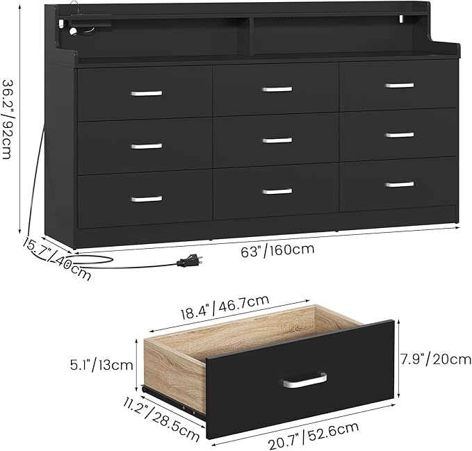 Bigbiglife 9 Drawer Dresser with Built in Power Outlet and LED Light, Modern Chest of Drawers for Bedroom, Triple Wide Drawer Organizer Cabinet for Living Room, Entryway, Hallway, Black