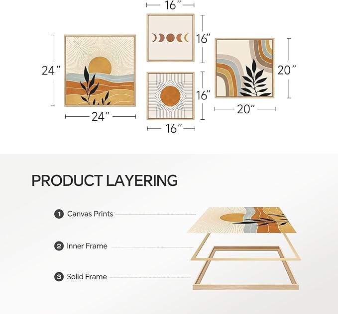 Framed Large Boho Wall Art for Living Room, Set of 4 Piece Mid Century Modern Abstract Orange Canvas Artworks Decor, Minimalist Sun and Moon Botanical Leaf Painting Prints for Bedroom Hallway