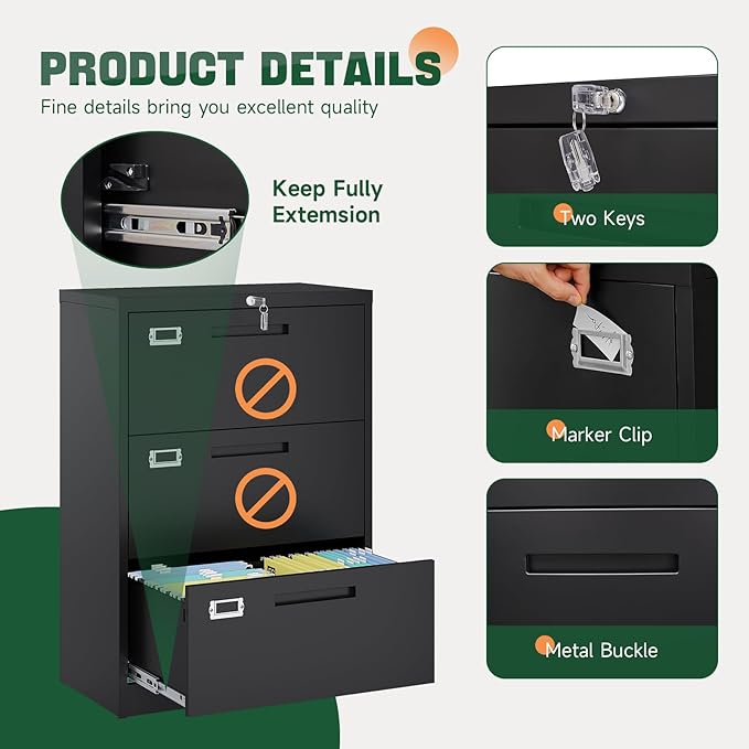 Letaya 3 Drawer File Cabinets with Lock,Metal Lateral Filing Storage Cabinet Printer Stand,Black Steel Home Office Cabinet for Hanging Files Letter/Legal/A4 Size (Black, H39.84×W28.35×D15.74)