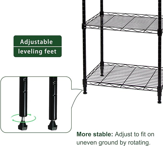 6-Wire Shelving Adjustable Shelves, Standing Storage Shelf for Laundry Bathroom Kitchen Pantry Closet Organization (Glossy Black, 16.6" L x 11.4" W x 64.6" H)