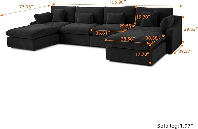 Modular Sectional Sofa Cloud Couch, 155.9" Oversized U Shaped Couch with Chaise Ottomans, Modern Minimalist Deep Seat Couches for Living Room, Sofa Covers Washable&Removable, Black