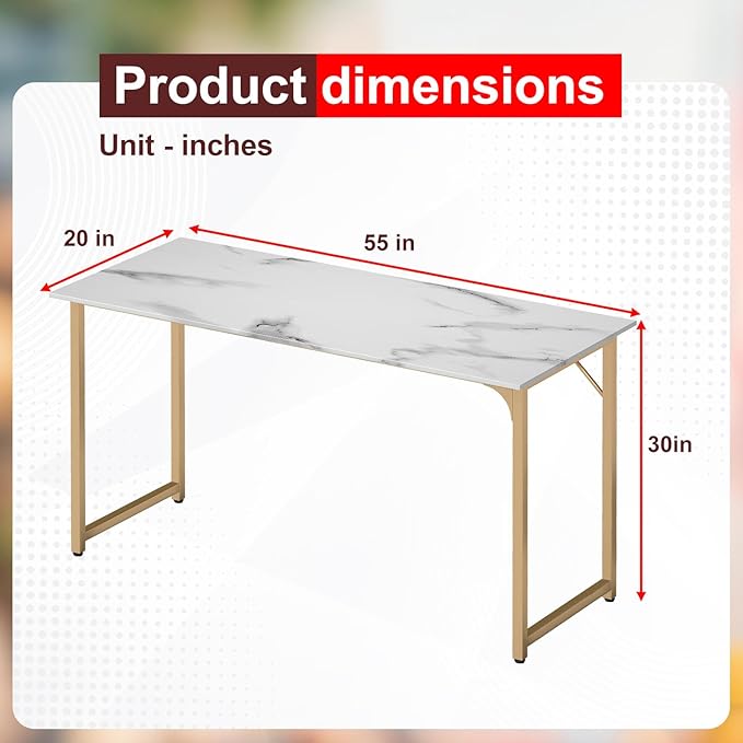 PayLessHere | 55 Inch Computer Desk | White Gold | Office Desk with Metal Frame, Adjustable Feet | Water-Resistant, Scratchproof Surface | Sturdy Writing Table for Home Office or Study | Pack of 1