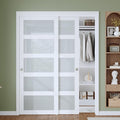 Finosen Preassembled Sliding Closet Door Slab, 56 x 80 in (Double 29 inch), 5-Lite Frosted Glass, Bypass barn Door with Hardware Kit Included, MDF Wood Panel, Water-Proof PVC Surface, White