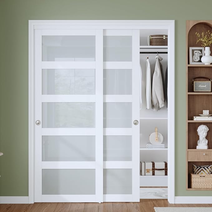 Finosen Preassembled Sliding Closet Door Slab, 56 x 80 in (Double 29 inch), 5-Lite Frosted Glass, Bypass barn Door with Hardware Kit Included, MDF Wood Panel, Water-Proof PVC Surface, White