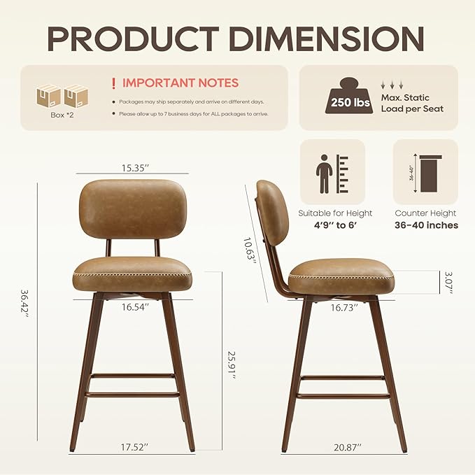 MALOL 26“ Swivel Bar Stools Set of 4, Mid Century PU Leather Counter Height Bar Chairs with Low Back and Metal Legs, Modern Bar Stool Chair for Kitchen Island, Brown