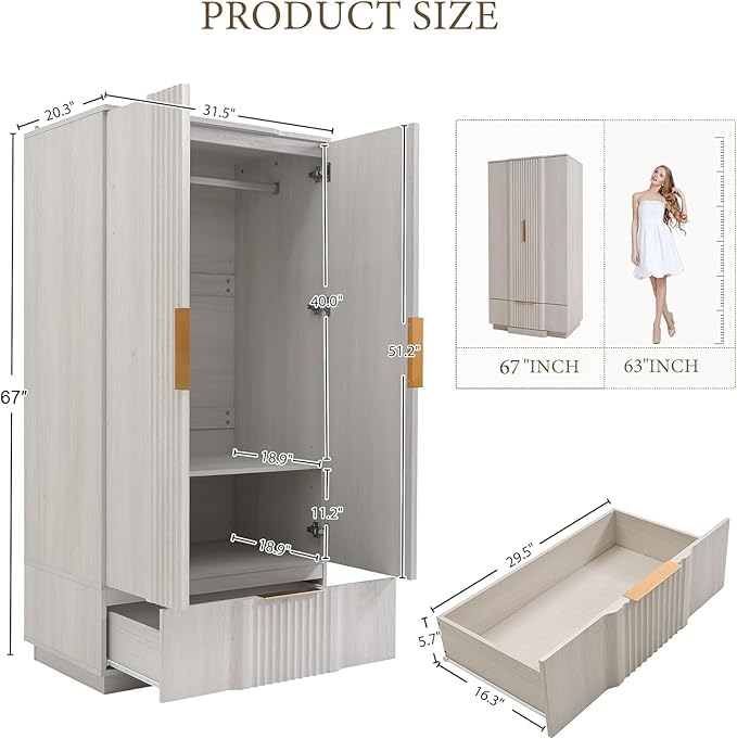 Brafab 67" Fluted Armoire Wardrobe Closet with Drawers and Doors, Wooden Wardrobe Cabinet with Adjustable Shelves, Modern Storage for Clothes, Coats for Bedroom,White Oak (1 pcs)
