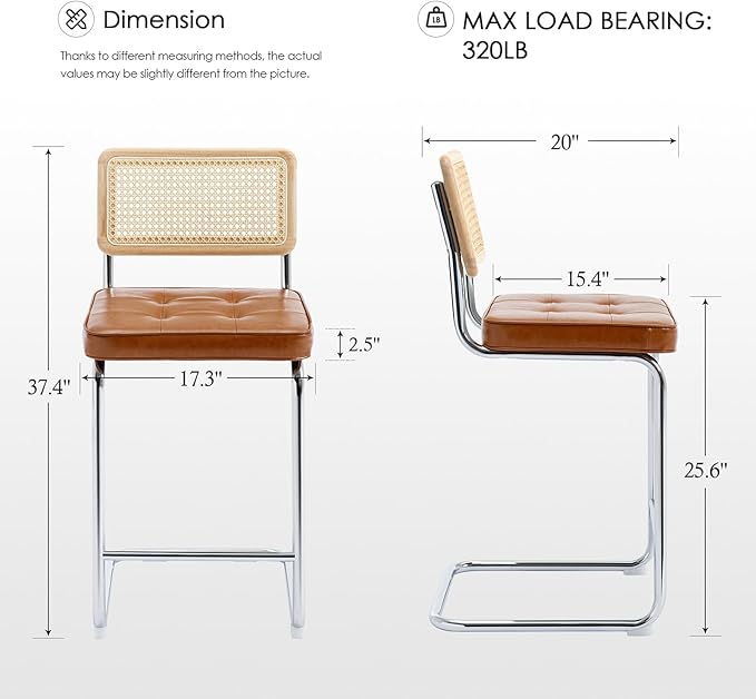 Zesthouse Natural Rattan Bar Stools Set of 4, Modern Counter Height Stools with Solid Wood Back, 26'' Counter Height Chairs, Mid Century Cantilevered Bar Chairs for Kitchen Island, Faux Leather Brown
