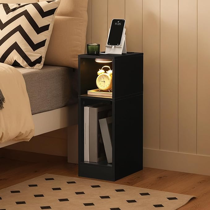 MAHANCRIS Narrow Nightstand with LED Light, Narrow End Table with Charging Station, Skinny Bedside Table for Small Spaces, Mid Century Modern Night Stand for Bedroom, Living Room, Black ETBK30E01