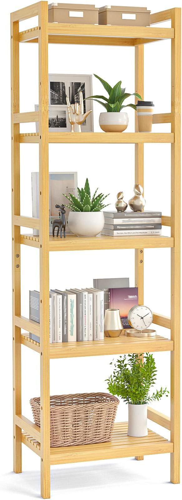 Homykic Bamboo Bookshelf, 5-Tier Narrow 55.9” Adjustable Book Shelf Bookcase Bathroom Shelves Freestanding Storage Stand for Living Room, Bedroom, Kitchen, Rust Resistance, Easy Assembly, Natural