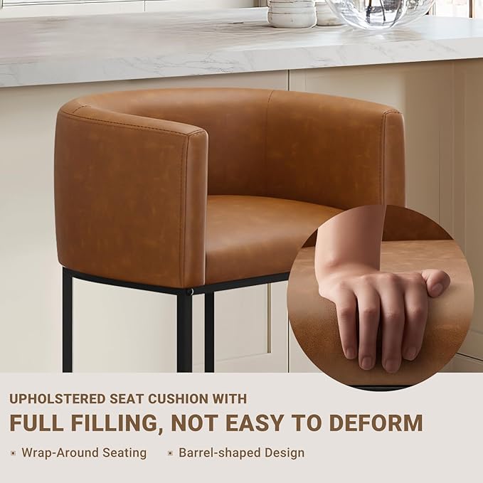26" H Counter Height Bar Stools Set of 1, Modern Barrel Counter Stools with Backrest and Arms, Faux Leather Upholstered Accent Barstools for Kitchen Island,Support 450 LBS (Walnut Brown