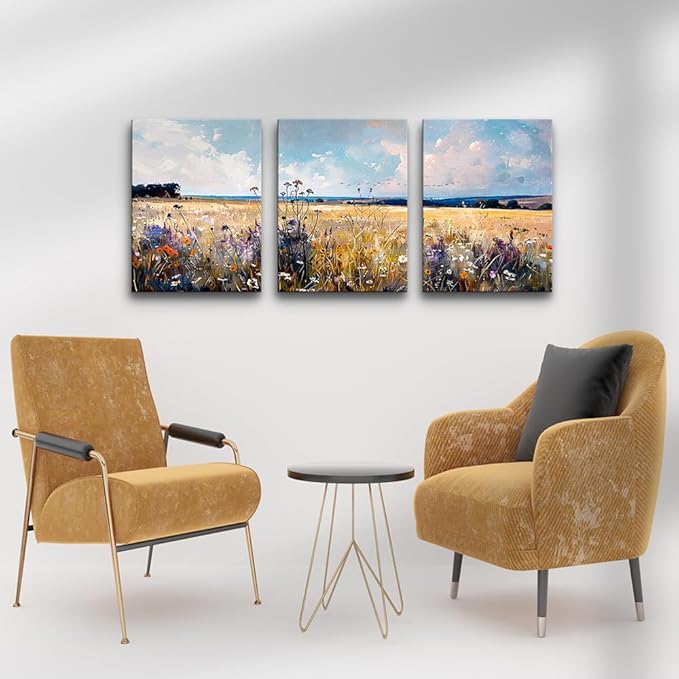 TTHYUEWS Large Wall Art for Living Room Canvas Decor for Bedroom Office - Modern Home Field Scenery Paintings Abstract Pictures Framed Prints Posters Artworks 3 Piece
