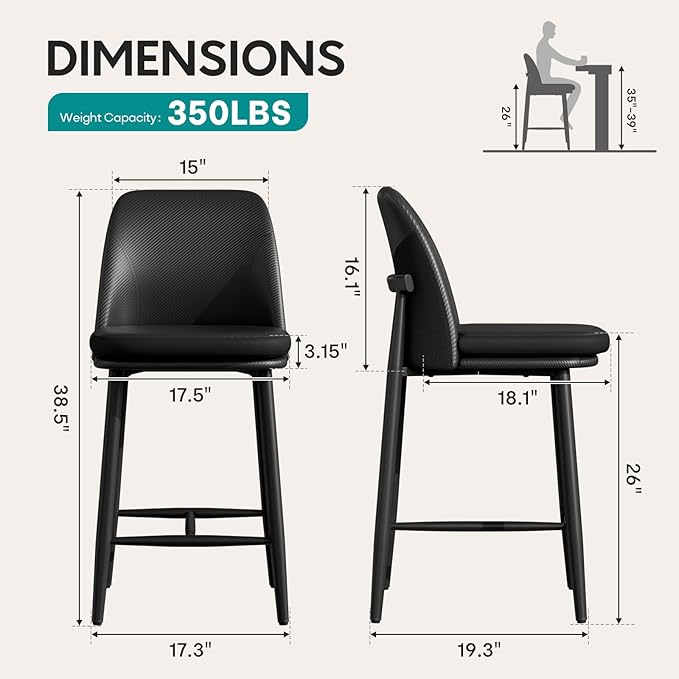 GXJ Bar Stools Set of 6, Upholstered Counter Height Bar Stools, 26 Inch Modern Counter Stools with Back, Textured Leather&Fabric, Metal Legs,Barstools for Kitchen Island Dining Room, Black