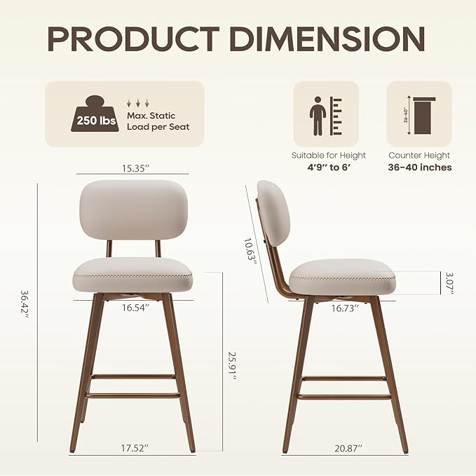 MALOL 26“ PU Leather Swivel Bar Stools Set of 3, Mid Century Counter Height Bar Chairs with Low Back and Metal Legs, Modern Bar Stool Chair for Kitchen Island, Beige