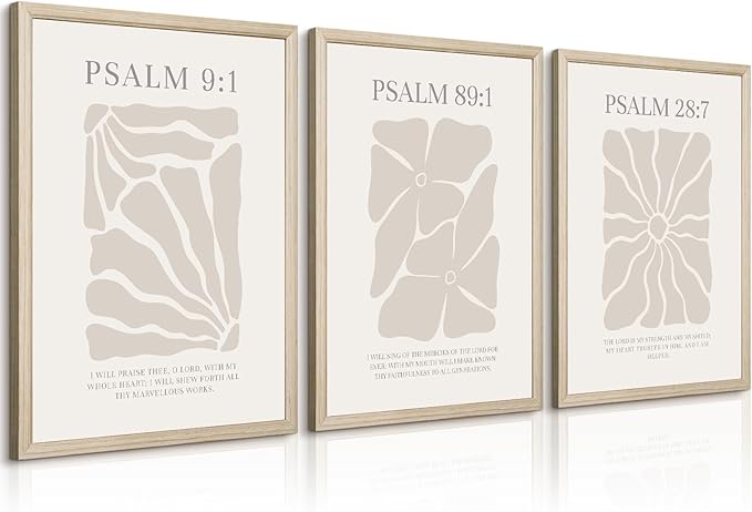 Scripture Christian Wall Art Set of 3 Beige Bible Verses Wall Decor Neutral Psalm Canvas Wall Art Modern Pictures Flower Prints Christian Artwork for Living Room Bedroom 16x24 Inch Framed