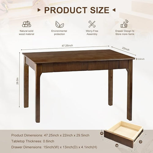 47.2'' Solid Wood Desk with 2 Drawers, Mid Century Modern Home Writing Office Wooden Desk ,Vintage Computer Table with Storage for Living Room, Bedroom, Fluted Design Brown (Walnut, 47.2 Inch)