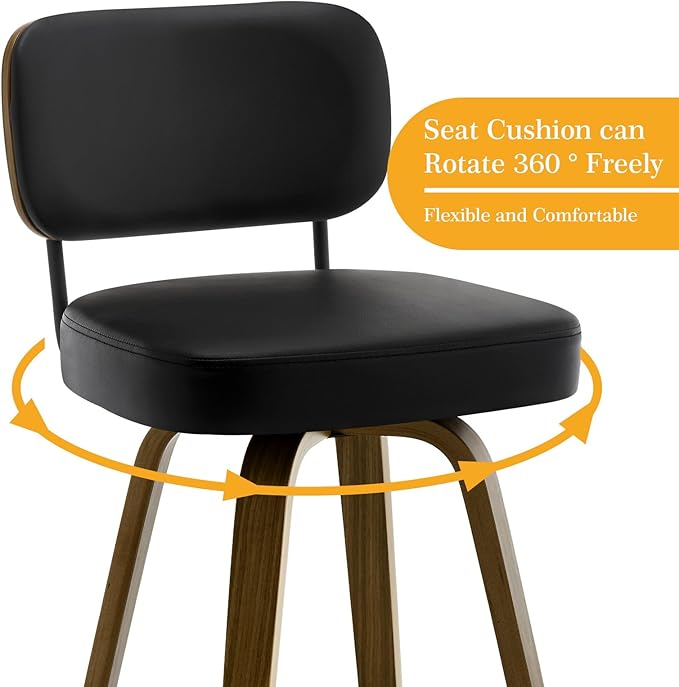Bekrvio Swivel Counter Height Bar Stools Set of 4, 26" Upholstered Faux Leather Barstools with Back and Bent Wood Legs, Mid Century Modern Bar Chair Island Stool for Kitchen Counter, Black