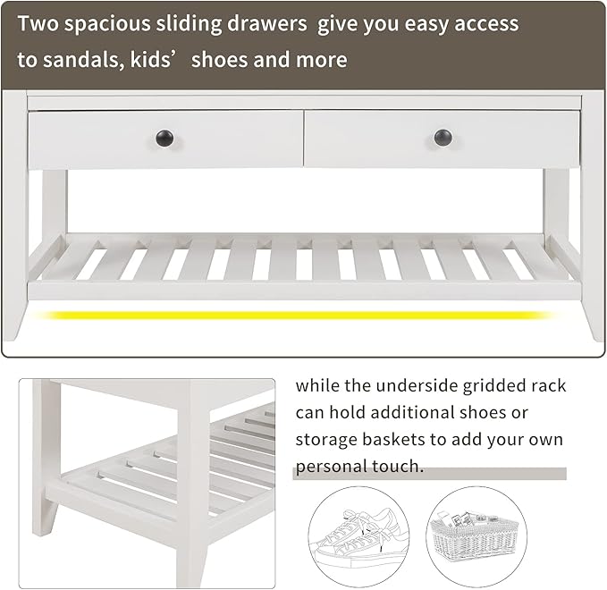 LUMISOL Storage Bench, Shoe Rack with Upholstered Seat and 2 Drawers, Solid Wood Entryway Storage Bench with Shoe Rack for Entryway, Living Room, Bedroom, White