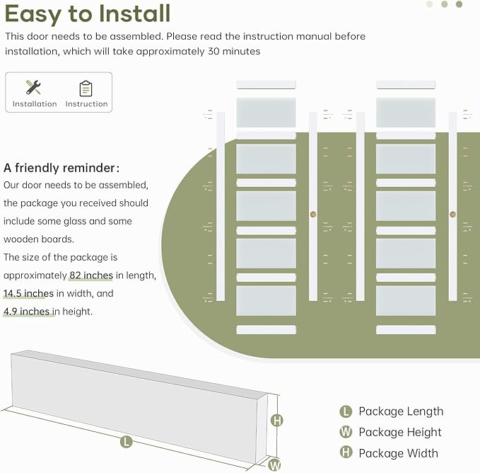 Finosen Bypass Sliding Closet Door Slab, 60 x 80 in (Double 31 inch), 5-Lite Frosted Glass, Barn Door with Hardware Kit Included, Need to Assemble, MDF with PVC Surface, White