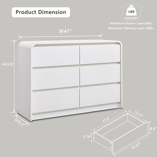 Aitjunz Modern 6 Drawers Dresser for Bedroom, 47" Wide Wood Dressers & Chests of Drawers with Curved Profile Design, Mid Century Modern Dresser for Closet for Bedroom, Living Room, Antique White