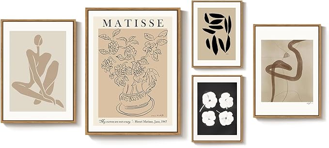 Large Framed Matisse Abstract Wall Art Set of 5, Neutral Beige Modern Minimalist Geometric and Botanical Canvas Prints for Living Room Bedroom Hallway Home Office