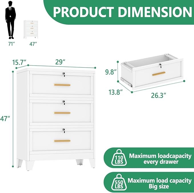 Metal Lateral File Cabinet with Lock,3 Drawer Steel Wide Filing Organization Storage Cabinets,Filing Cabinet for Legal/Letter/A4/F4 Size with Hanging Files&Key,Lockable Cabinets for Home Office,White