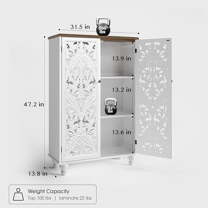 JOINICE 47" Tall Accent Cabinet with Carved Doors, Distressed White Wood Storage Cabinet with 3-Tier Shelves, Boho Farmhouse Sideboard Buffet for Small Spaces, Entryway & Living Room