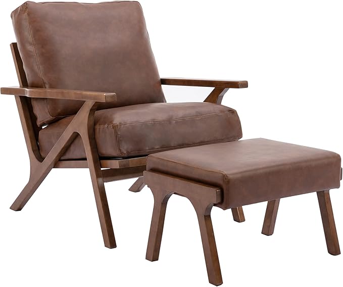 chairus Mid-Century Modern Brown Faux Leather Accent Chair with Ottoman, Comfy Upholstered Lounge Armchair with Removable Cushion & Solid Wood Frame, Retro Reading Chair for Living Room Bedroom Office