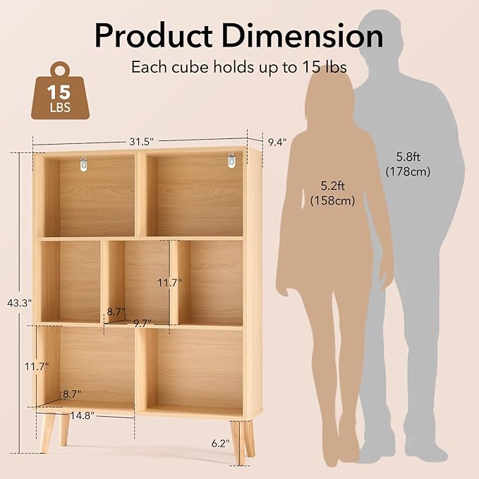 DUMOS Bookshelf, 7 Cube Book Shelf with Legs, 3-Tier Modern Wooden Bookcase, Free Standing Cube Shelf for Living Room, Bedroom, Office, Wood