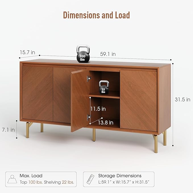 JOINICE Storage Cabinet, 59" Sideboard Buffet Cabinet with 4 Doors, Mid-Century Modern Wood Accent Cabinet, Chevron Pattern Credenza for Dining Room, Living Room, Entryway, Brown
