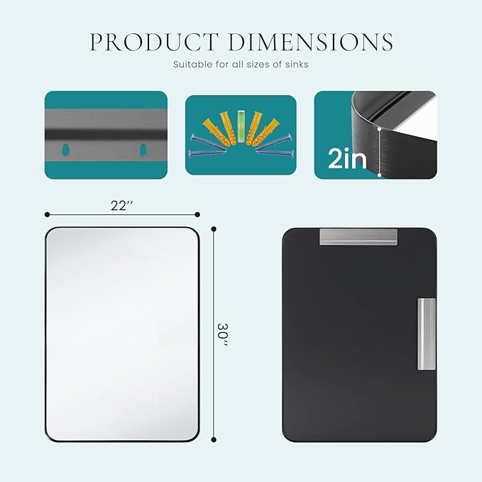 NEWBULIG 22X30 Inch Bathroom Wall Mirror, Vanity Bathroom Mirrors for Over Sink Tempered Glass, Anti-Rust Metal Framed Rounded Rectangle, Hangs Horizontally or Vertically, Farmhouse Home Decor, Black
