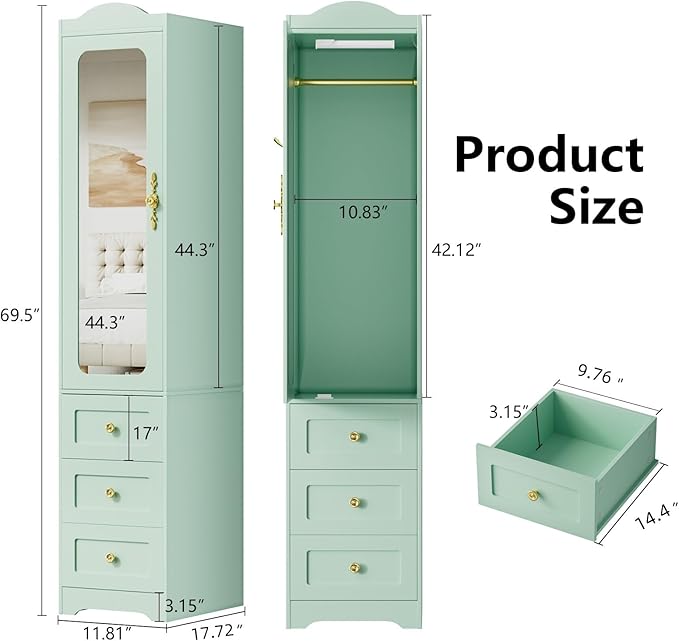 Armoire Wardrobe Closet, Green Bedroom Armoires Cabinet with Mirror Door and 6 Drawers, 69.5" H Wood Clothing Storage Cabinet with Hanging Rod & Sensor Light for Bedroom-(Left+Right)