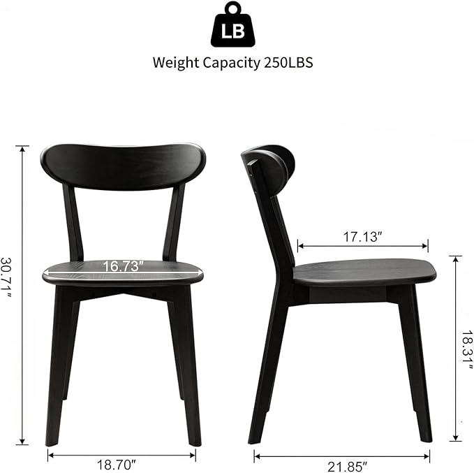 100% Solid Wood Dining Chairs,Mid Century Modern Dining Chairs with Rounded Backrest,Kitchen,Dining Room Chairs Set of 1/2/4 (2, Black Color)