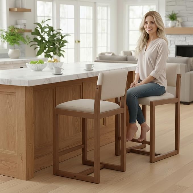 DUOMAY Modern Bar Stools Set of 4, 26" Counter Height Barstools, Linen Upholstered Kitchen Island Chair with Wood Legs for Home Bar Coffee Shop, Beige