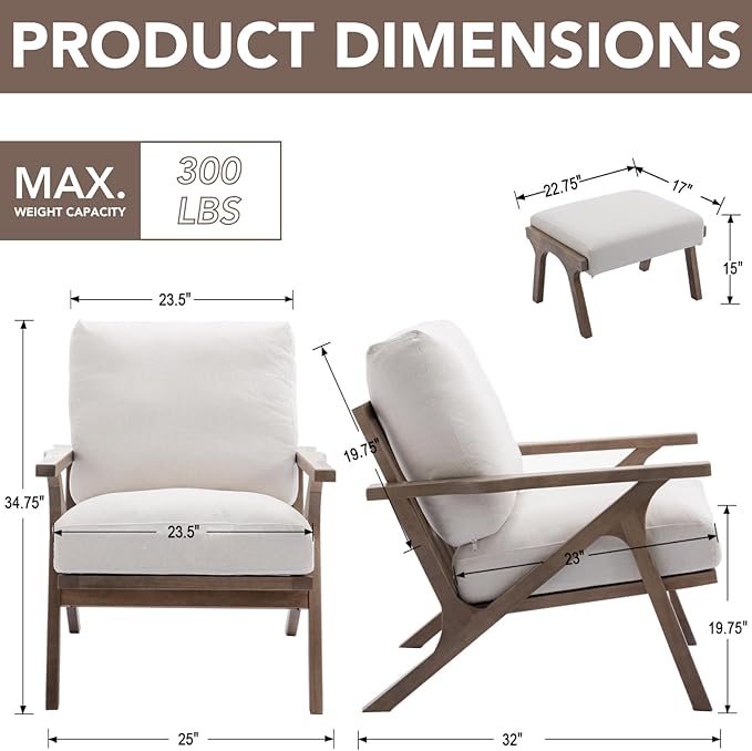chairus Mid-Century Modern White Linen Accent Chairs with Ottomans Set of 2, Comfy Upholstered Lounge Armchairs with Solid Wood Frame, Fabric Reading Chairs for Living Room Bedroom Office