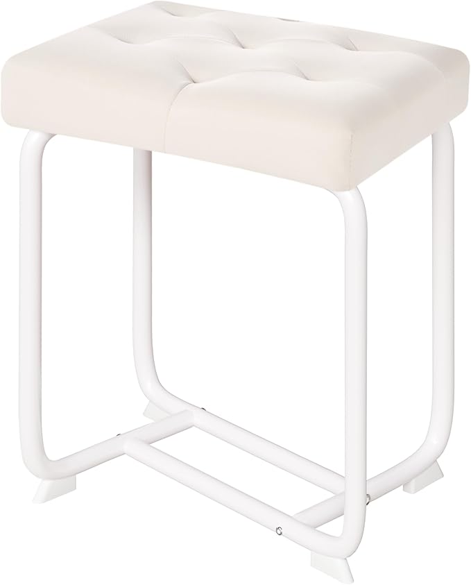 BEWISHOME White Vanity Chair, Leather Vanity Stool, Small Stool Chair for Vanity, Square Ottoman Foot Stool, Makeup Vanity Chairs with Thick Padded Seat for Small Spaces, Bathroom, Bedroom, Entryway
