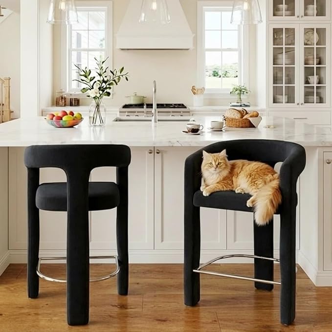 HNY 26 Inch Modern Tall Barrel Bar Stool, Velvet Upholstered Barstool with Open Back, Counter Height Bar Stool Chair with Armrest for Kitchen Island, Black
