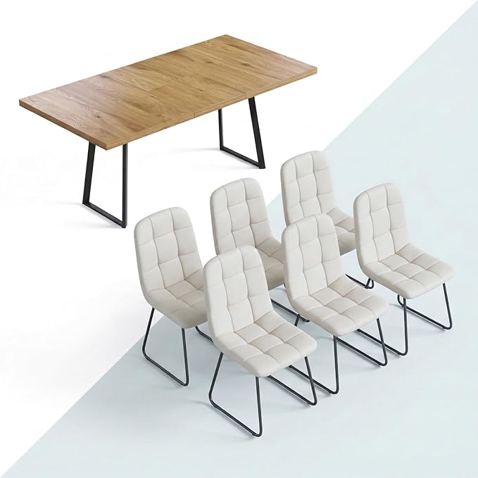 ZckyCine Extendable Dining Table Set for 6, 47" to 63" Expandable Kitchen Table with 6 Upholstered Chairs, Modern Rectangular Wood Dining Room Table Set with Metal Legs for Kitchen Apartment