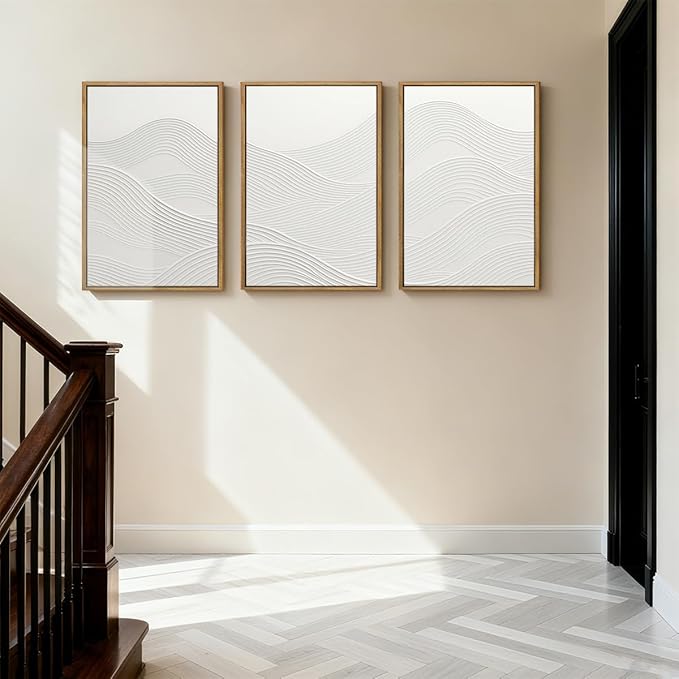 Anyzal Large Framed Neutral White Textured Wall Art 16x24 Inch Abstract Modern Canvas Wall Decor Minimalist Ocean Waves Artwork for Living Room Bedroom Office Set of 3