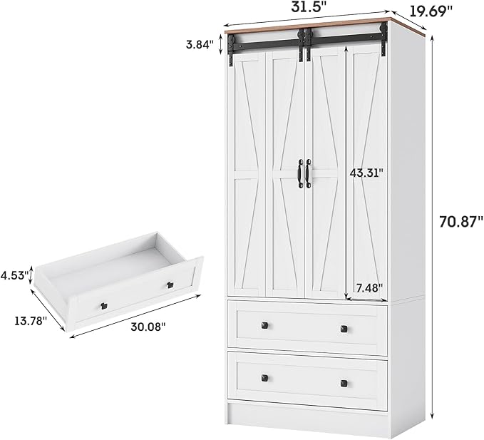 Maupvit Farmhouse Armoire with 2 Folding Sliding Barn Doors and Drawers 70.9" Tall Wooden Bedroom Wardrobe Closet with Spacious Storage Cabinet with Hanging Rod for Bedroom, White