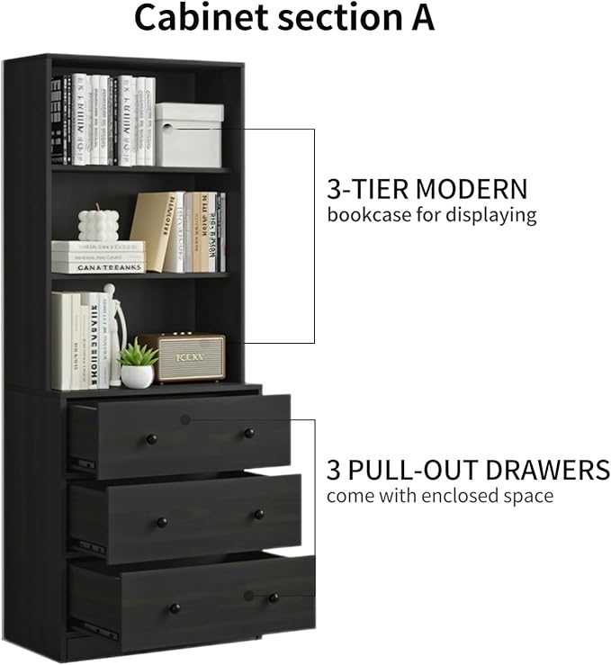 TUSY 71" H Bookshelf with Storage, 6-Tier Modern Bookshelves with 3 Large Drawer, Display Bookcase with Glass Doors, Modern 5-Tier Curio Cabinet for Home Office, Dining Room (Black, ABA)