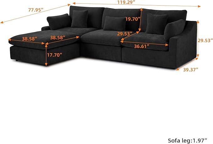 Modular Sectional Sofa Cloud Couch, 119.29" L Shaped Couch with Chaise Ottoman, Linen Blend Fabric Minimalist Deep Seat Couches for Living Room, Sofa Covers Washable&Removable, Black