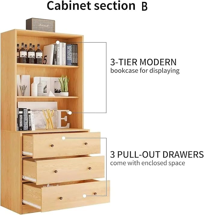 TUSY 71" H Bookshelf with Storage, 6-Tier Modern Bookshelves with 3 Large Drawer, Display Bookcase with Glass Doors, Modern 5-Tier Curio Cabinet for Home Office, Dining Room (Wood, BAB)