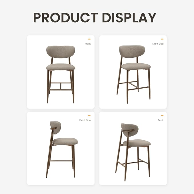 MALOL Bar Stools Set of 3, Counter Height bar stools, Kitchen Bar Stools with Backs, Modern Upholstered, Modern Bar Stools with Metal Legs for Kitchen Island, Counter, Camel