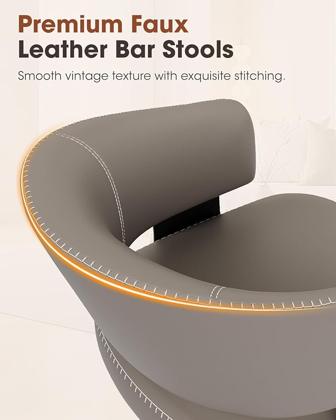Bar Stools Set of 2, 30" Swivel Bar Height Bar Stools with Curved Back, Mid-Century Modern Faux Leather Bar Chairs with Stitching for Kitchen Island, Dining, Living Room, Matte Gray