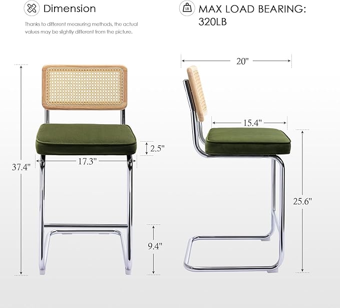 Zesthouse Natural Rattan Counter Stools Set of 4, Olive Green Modern Bar Stools with Solid Wood Back & Chrome Base, 26" Velvet Counter Height Barstools, Mid Century Cesca High Chair for Kitchen Island