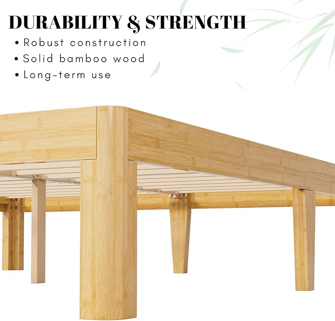 12 Inch High Bamboo Wood King Bed Frame Platform, Steel Slats Support King Size Bed Frame, Heavy Duty, No Box Spring Needed, Noise Free, Easy Assembly